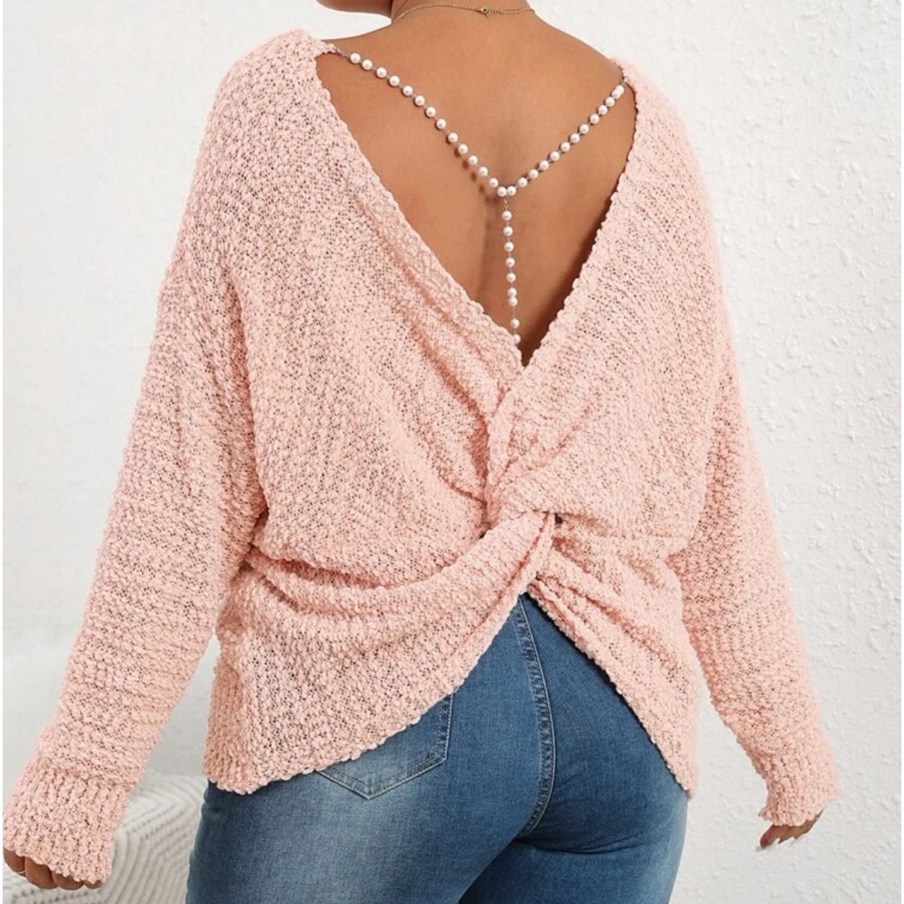 Cozy Plus Size Pearl Chain Detail Twist Back Drop Shoulder Sweater Top - Picture 2 of 6
